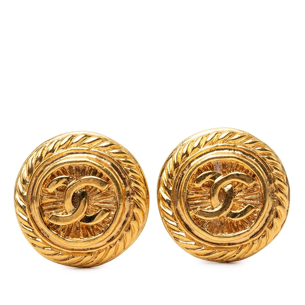 Chanel CC Gold Plated Round Clip On Earrings Gold Metal Very good - Front View
