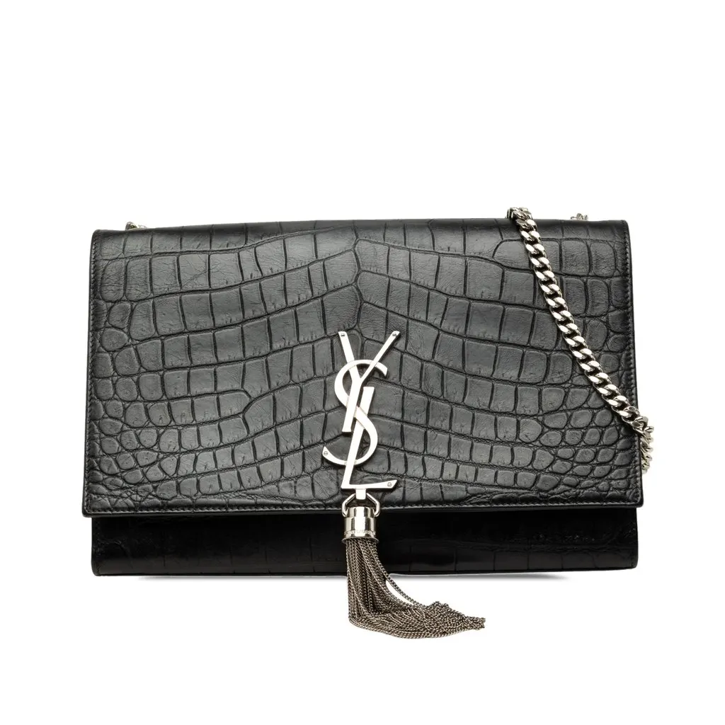 Saint Laurent Medium Croc Embossed Leather Monogram Kate Tassel Crossbody Black Leather Good - Front View
