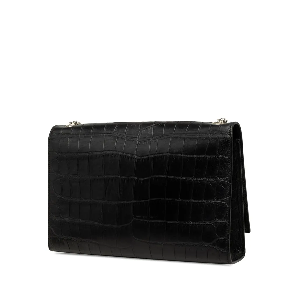 Saint Laurent Medium Croc Embossed Leather Monogram Kate Tassel Crossbody Black Leather Good - Back View