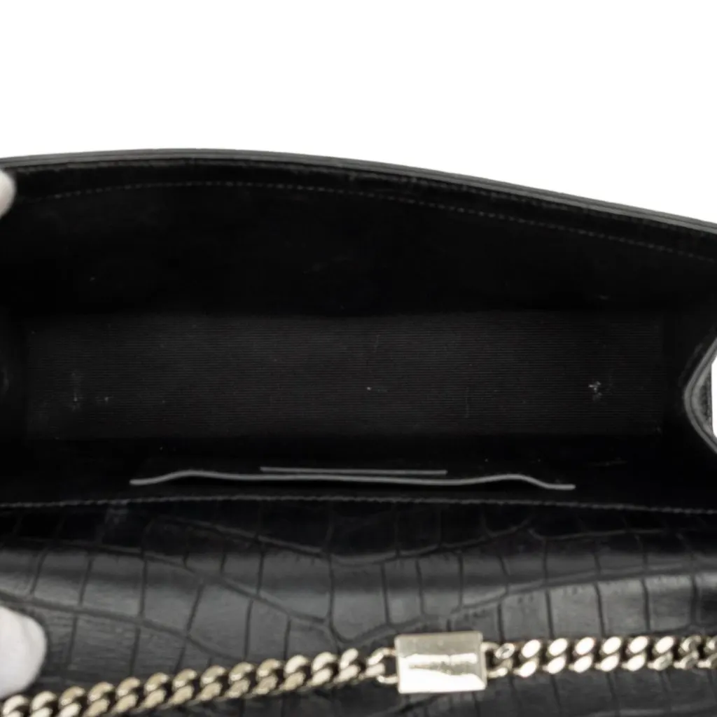 Saint Laurent Medium Croc Embossed Leather Monogram Kate Tassel Crossbody Black Leather Good - Model View