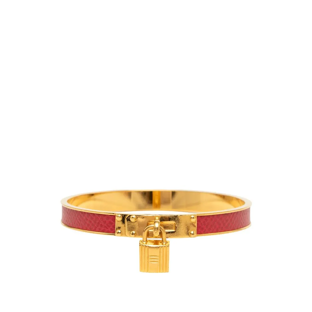 Hermès Gold Plated Courchevel Kelly Cadena Lock Bangle Bracelet Red Leather Very good - Front View