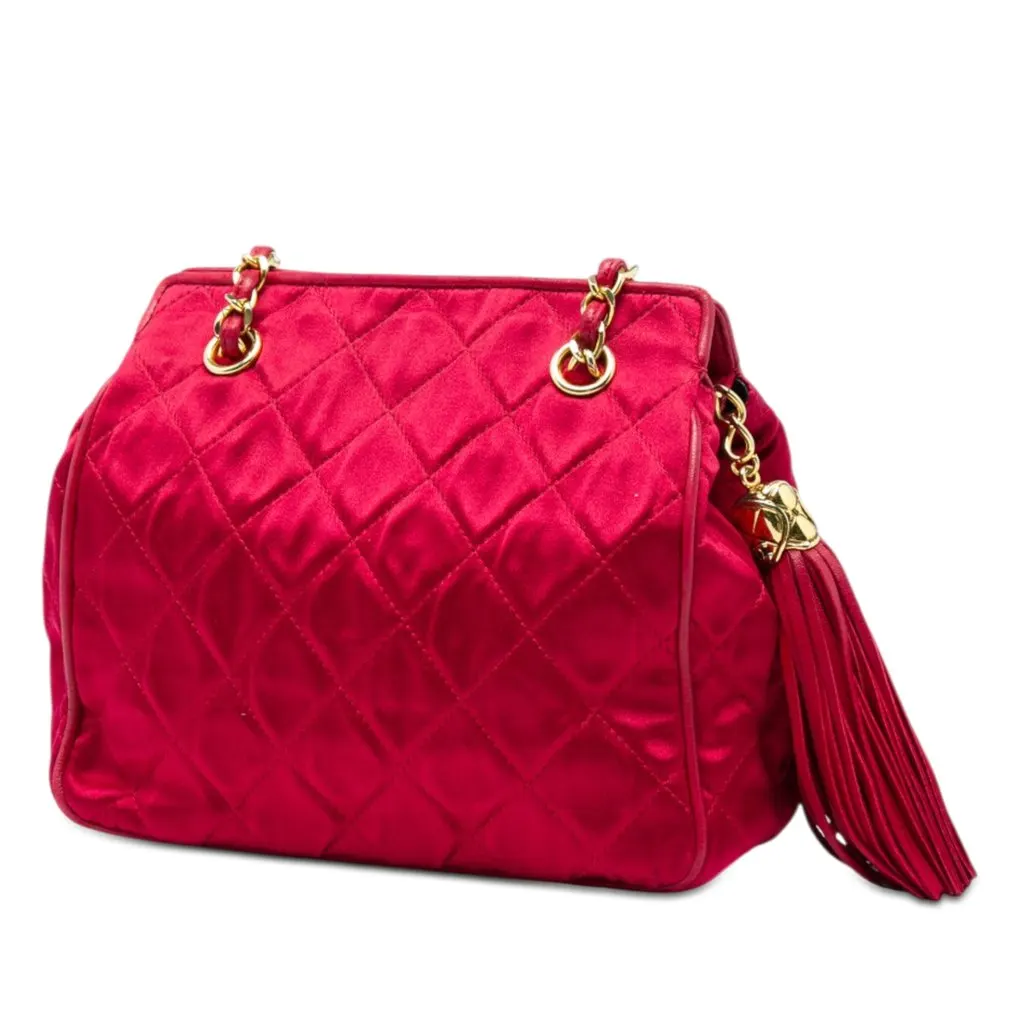 Chanel CC Quilted Satin Tassel Chain Shoulder Bag Red Very good - Back View
