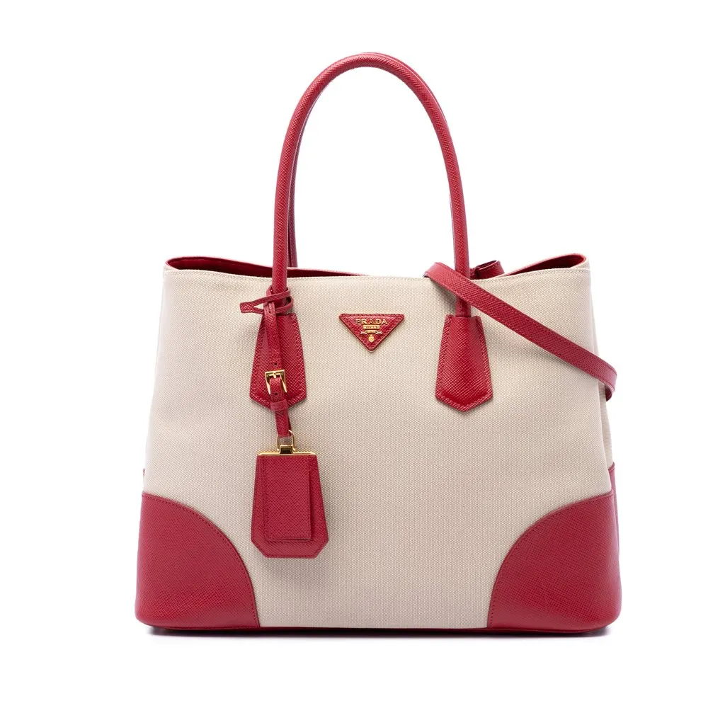Prada Large Saffiano Trimmed Canapa Double Satchel Beige Very good - Front View