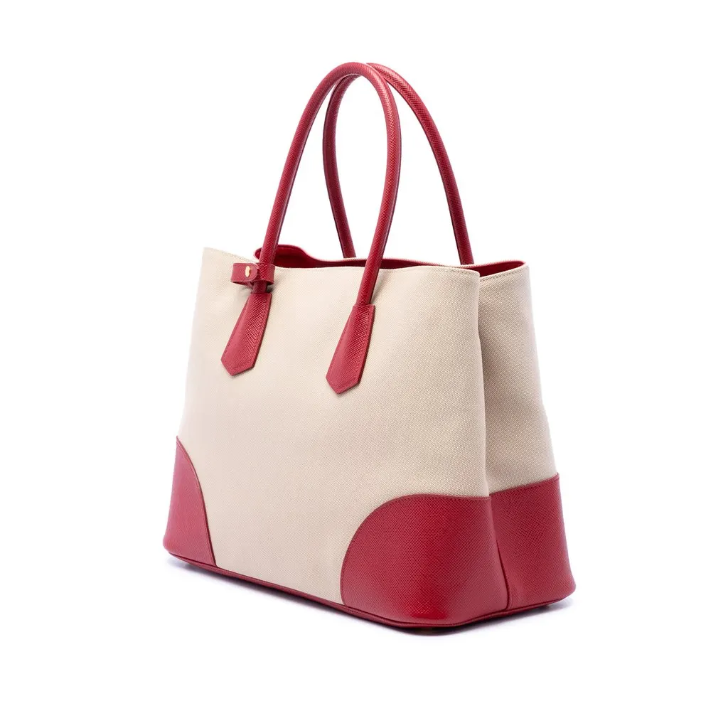 Prada Large Saffiano Trimmed Canapa Double Satchel Beige Very good - Back View