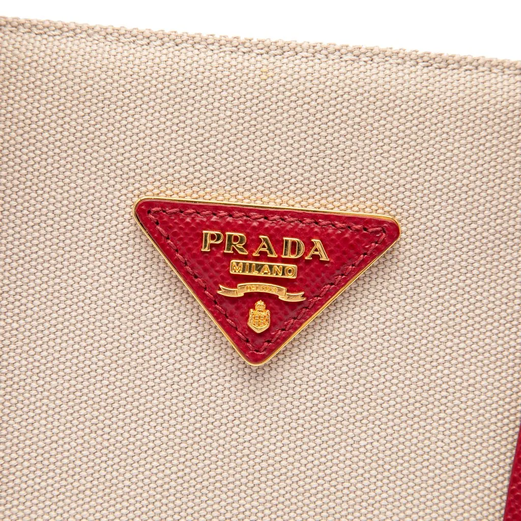 Prada Large Saffiano Trimmed Canapa Double Satchel Beige Very good - Box View