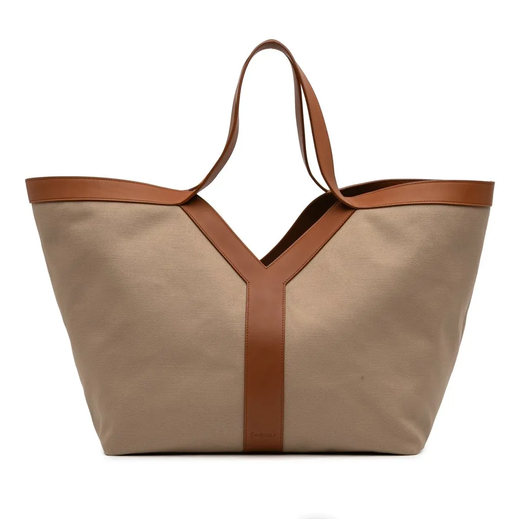 Saint Laurent Leather Trimmed Canvas Y Tote Brown Very good - Front View