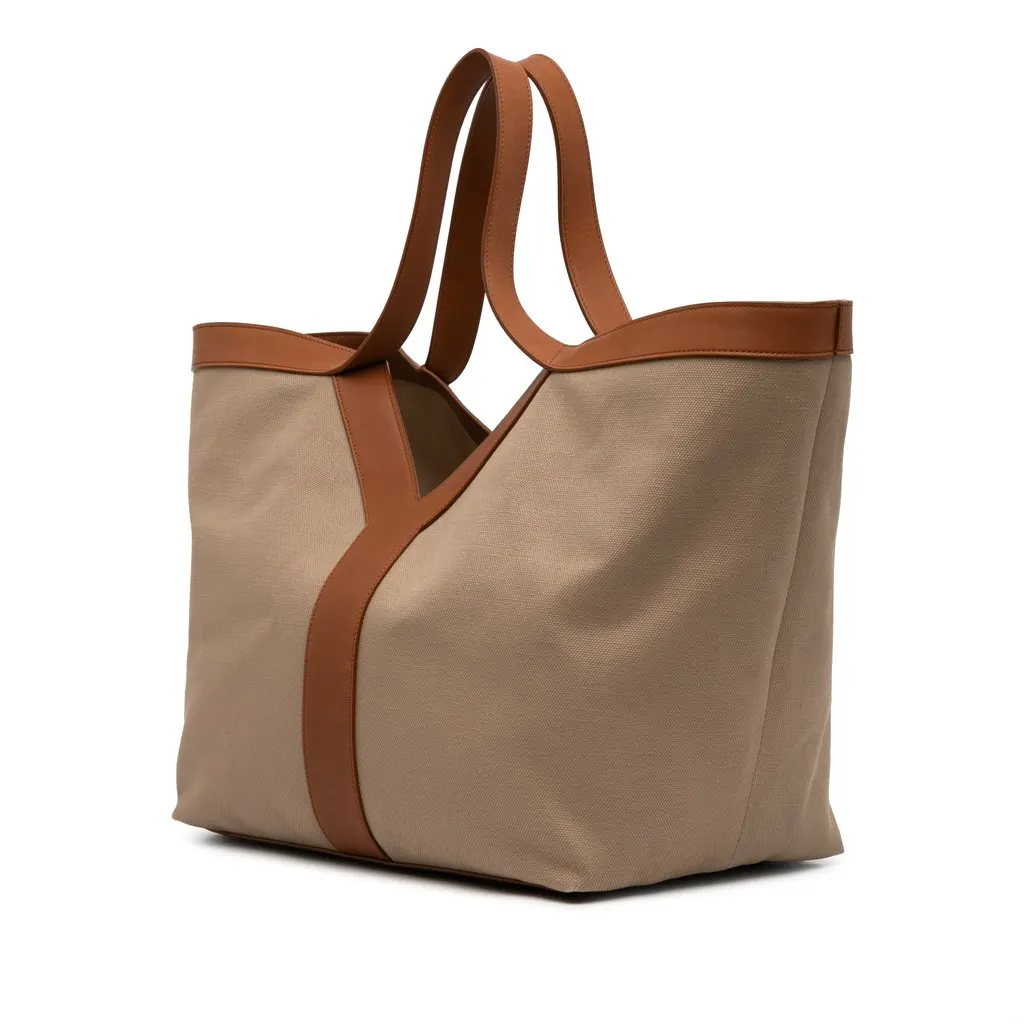 Saint Laurent Leather Trimmed Canvas Y Tote Brown Very good - Back View