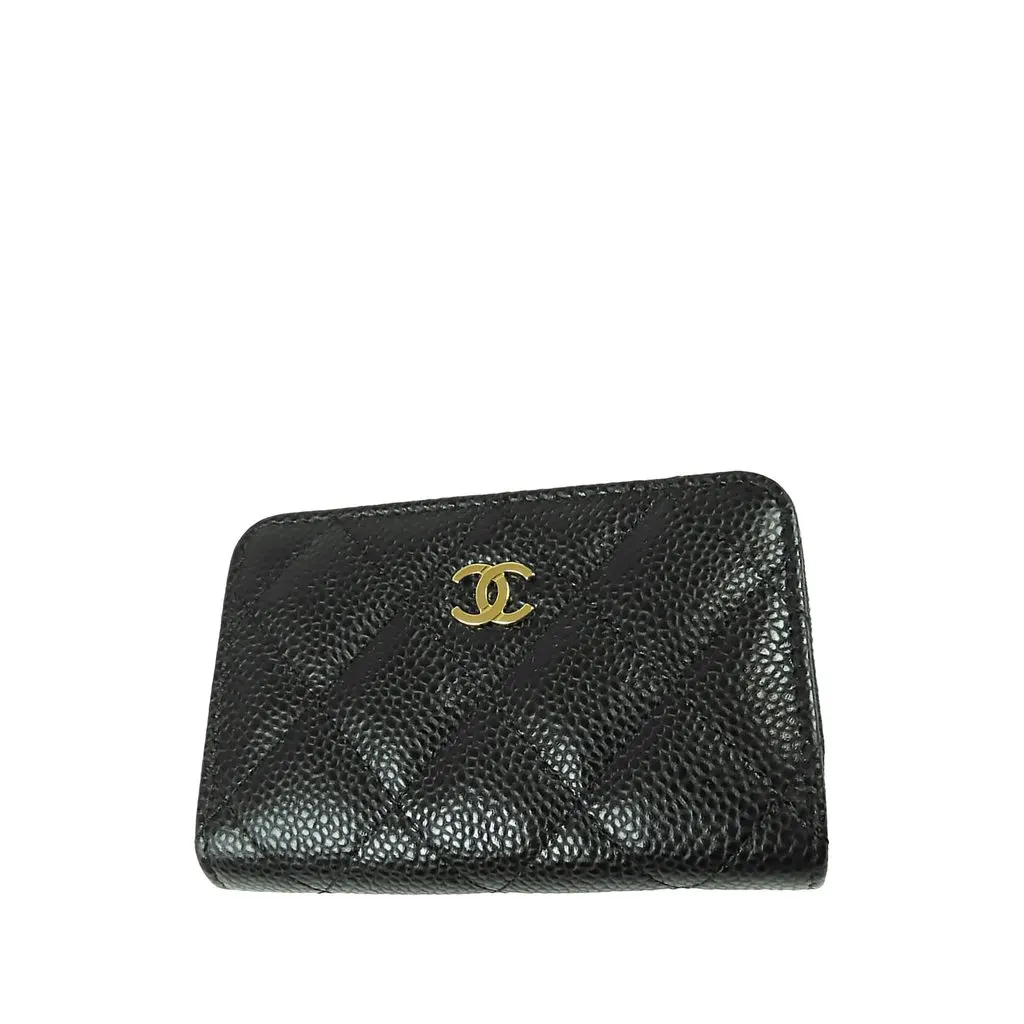 Chanel CC Quilted Caviar Zip Around Coin Purse Black Leather Very good - Front View