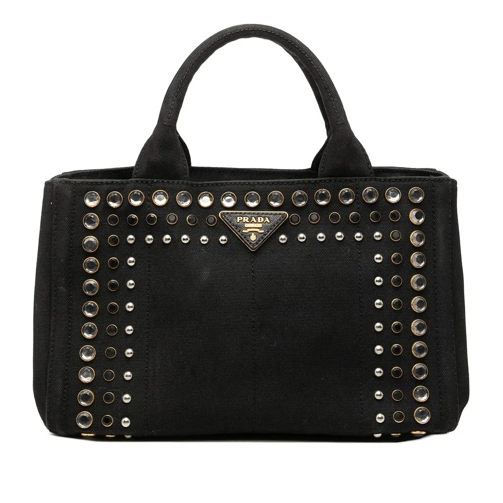 Prada Canvas Canapa Studded Handbag Black Canvas Very good - Front View