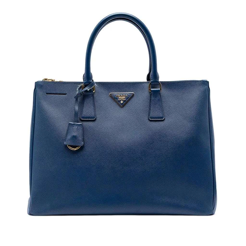 Prada Large Saffiano Lux Galleria Double Zip Tote Blue Leather Good - Front View