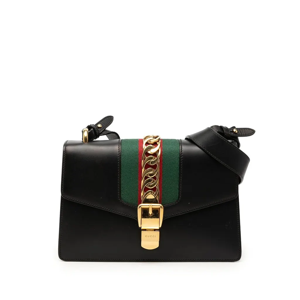 Gucci Small Calfskin Web Sylvie Satchel Black Leather Very good - Front View