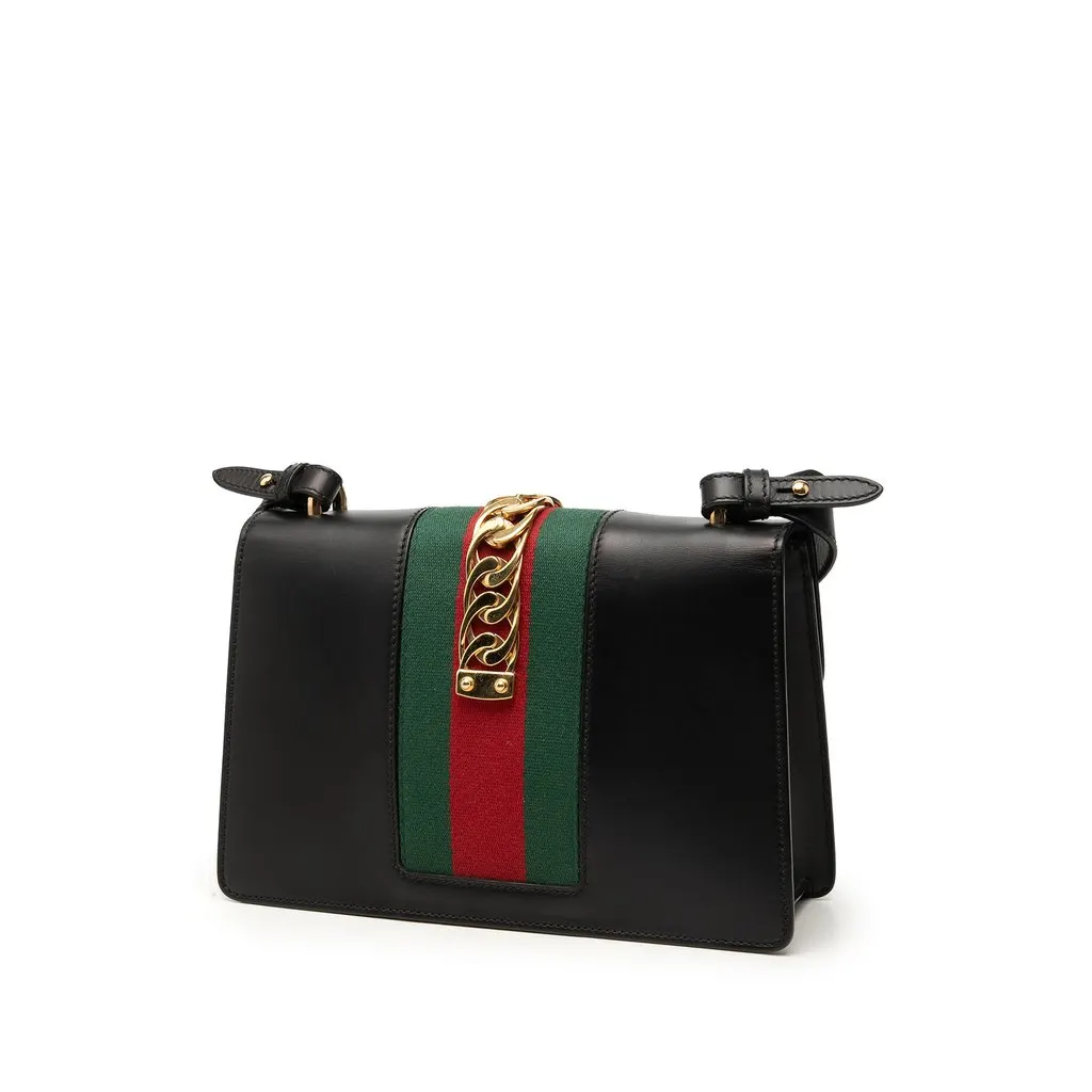 Gucci Small Calfskin Web Sylvie Satchel Black Leather Very good - Back View
