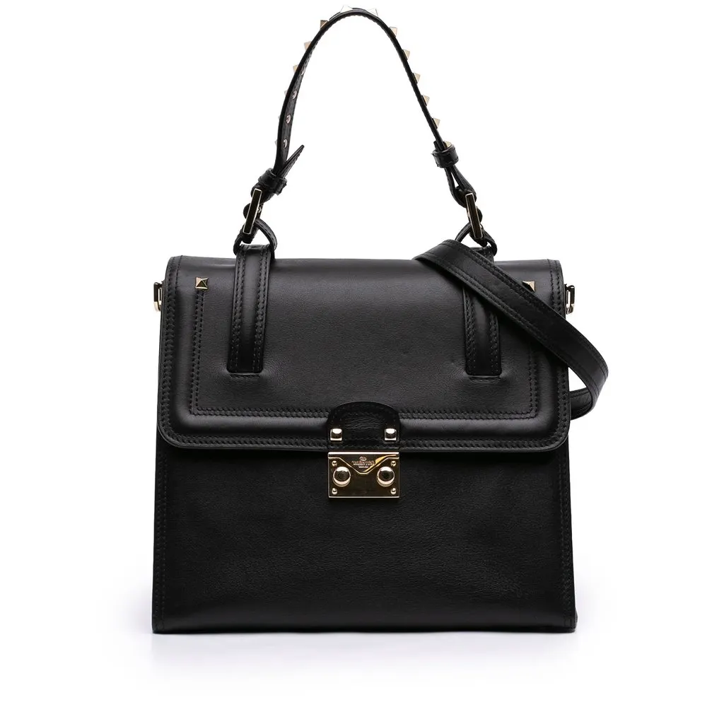 Valentino Leather Rockstud Cabana Satchel Black Leather Very good - Front View