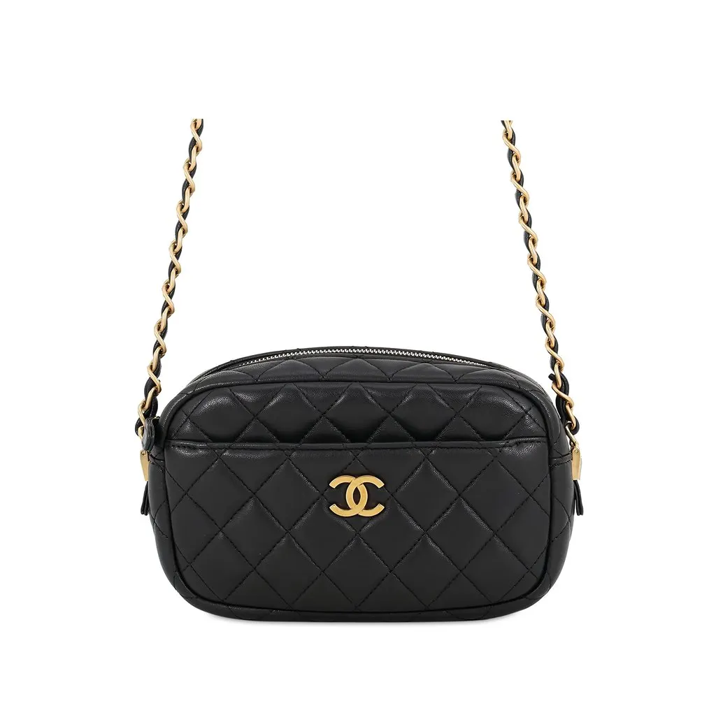 Chanel Small CC Quilted Lambskin Camera Case Black Leather Good - Front View