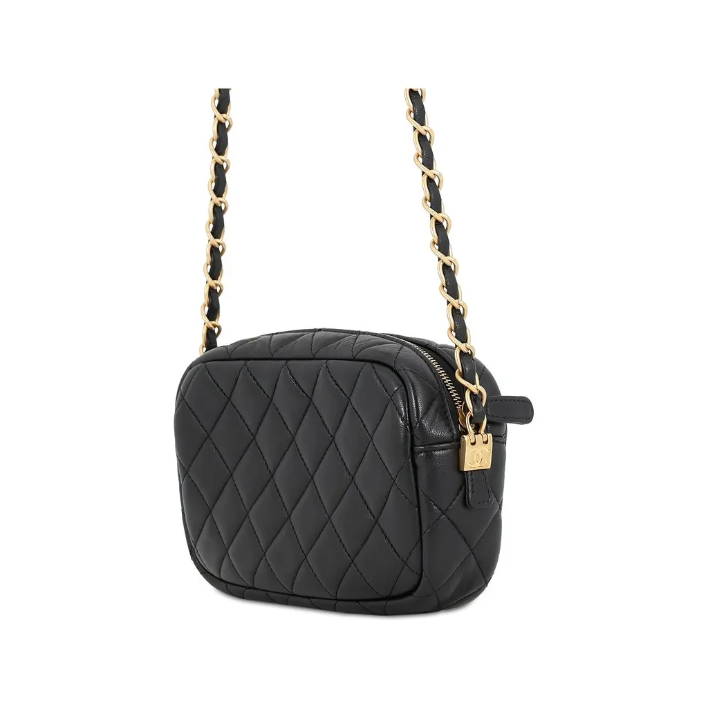 Chanel Small CC Quilted Lambskin Camera Case Black Leather Good - Back View