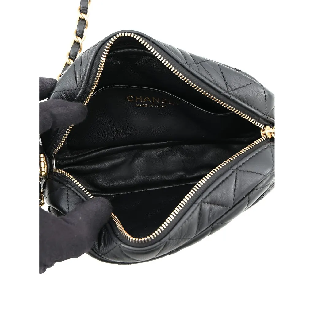 Chanel Small CC Quilted Lambskin Camera Case Black Leather Good - Model View