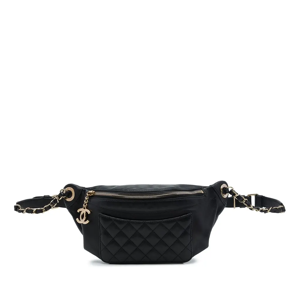 Chanel Quilted Lambskin Classic Bi Waist Bag Black Leather Very good - Front View