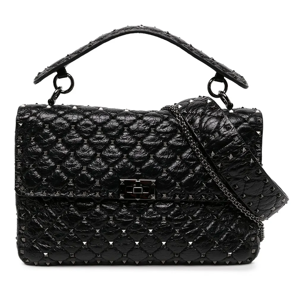 Valentino Large Crinkled Nappa Rockstud Spike Satchel Black Leather Very good - Front View