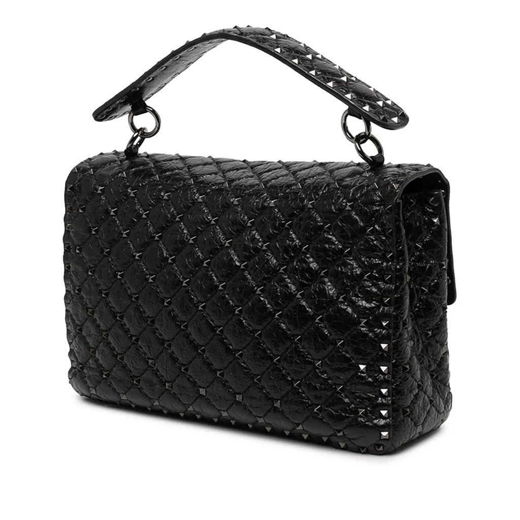 Valentino Large Crinkled Nappa Rockstud Spike Satchel Black Leather Very good - Back View