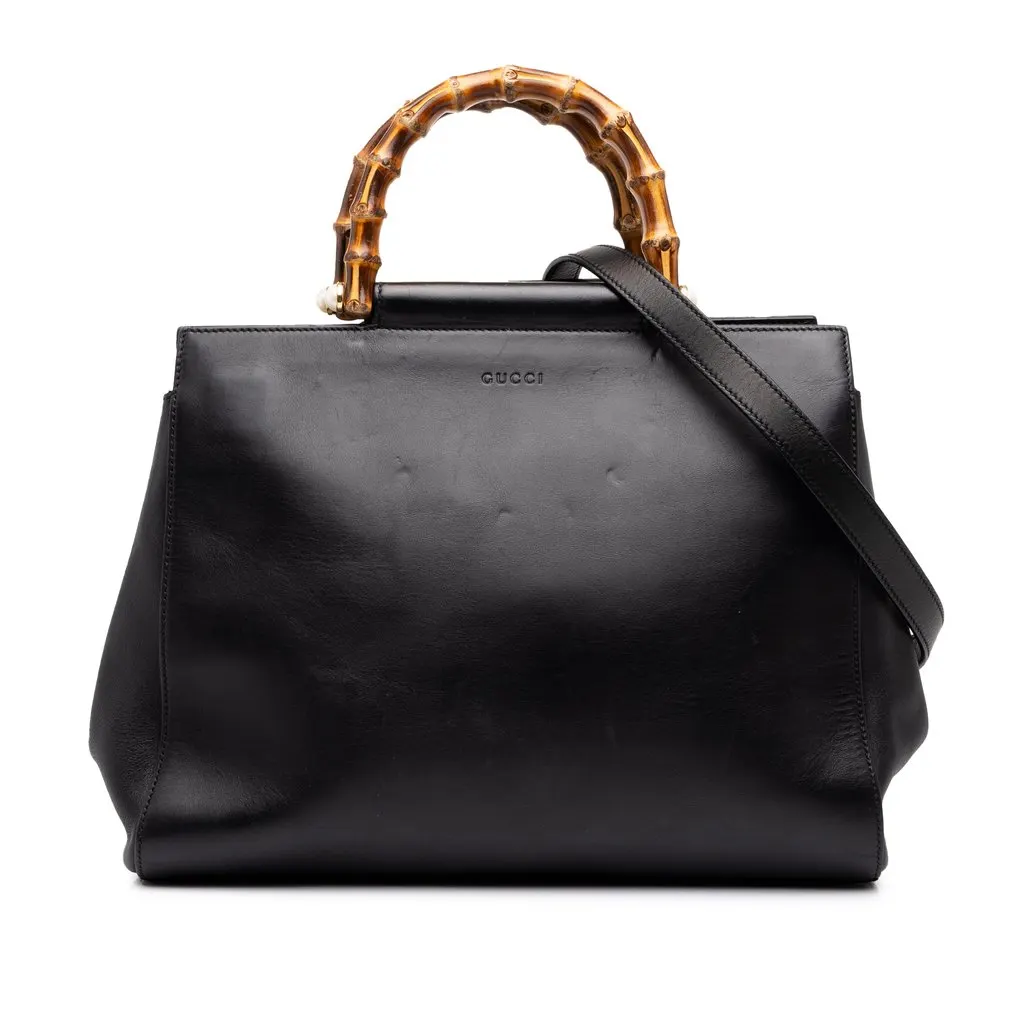 Gucci Medium Leather Bamboo Nymphaea Satchel Black Leather Good - Front View