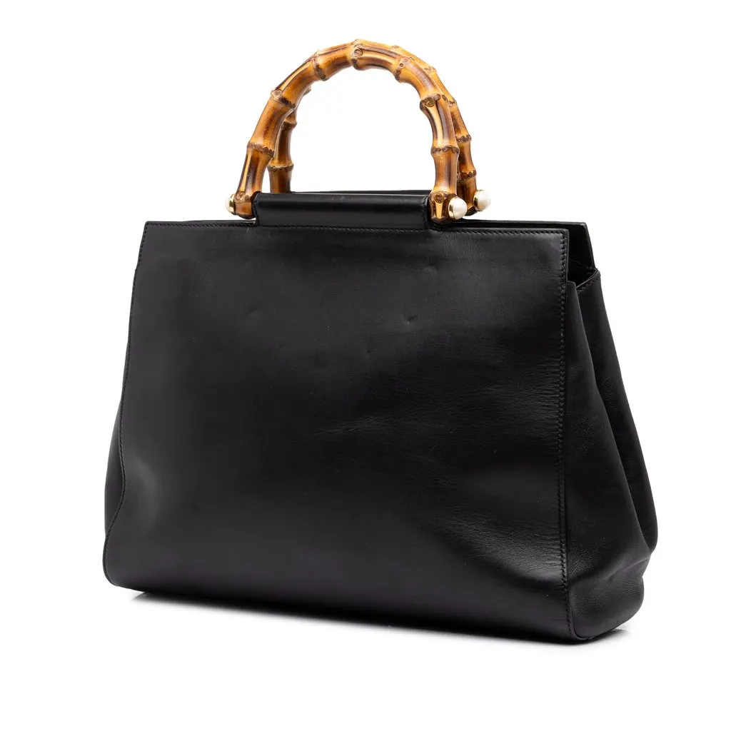Gucci Medium Leather Bamboo Nymphaea Satchel Black Leather Good - Back View