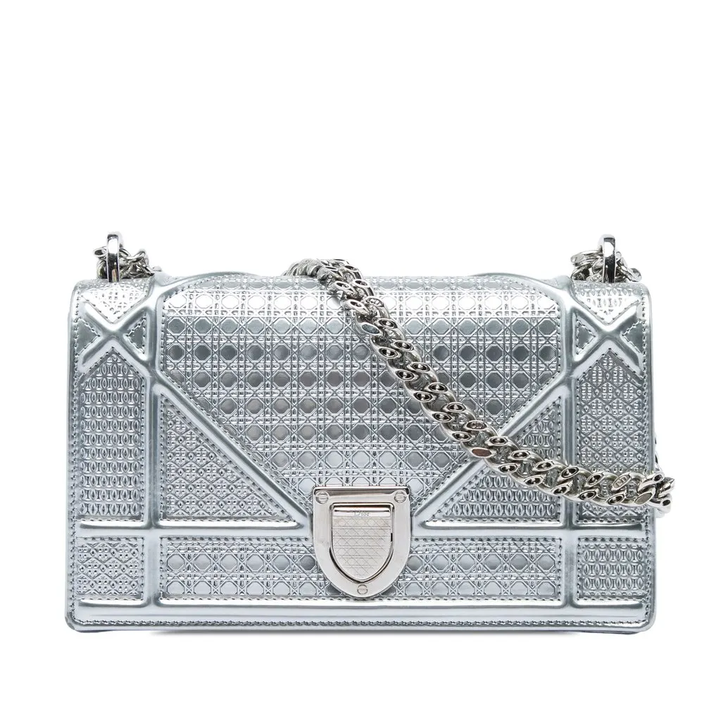 Dior Mini Metallic Patent Microcannage Diorama Flap Silver Leather Very good - Front View