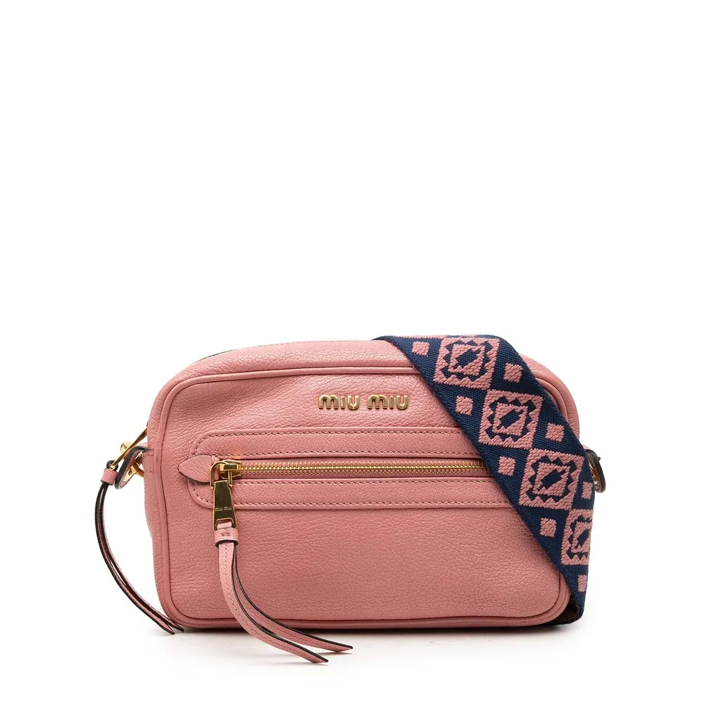 miu様 Miu Miu Goatskin Madras Camera Bag Pink Small Leather