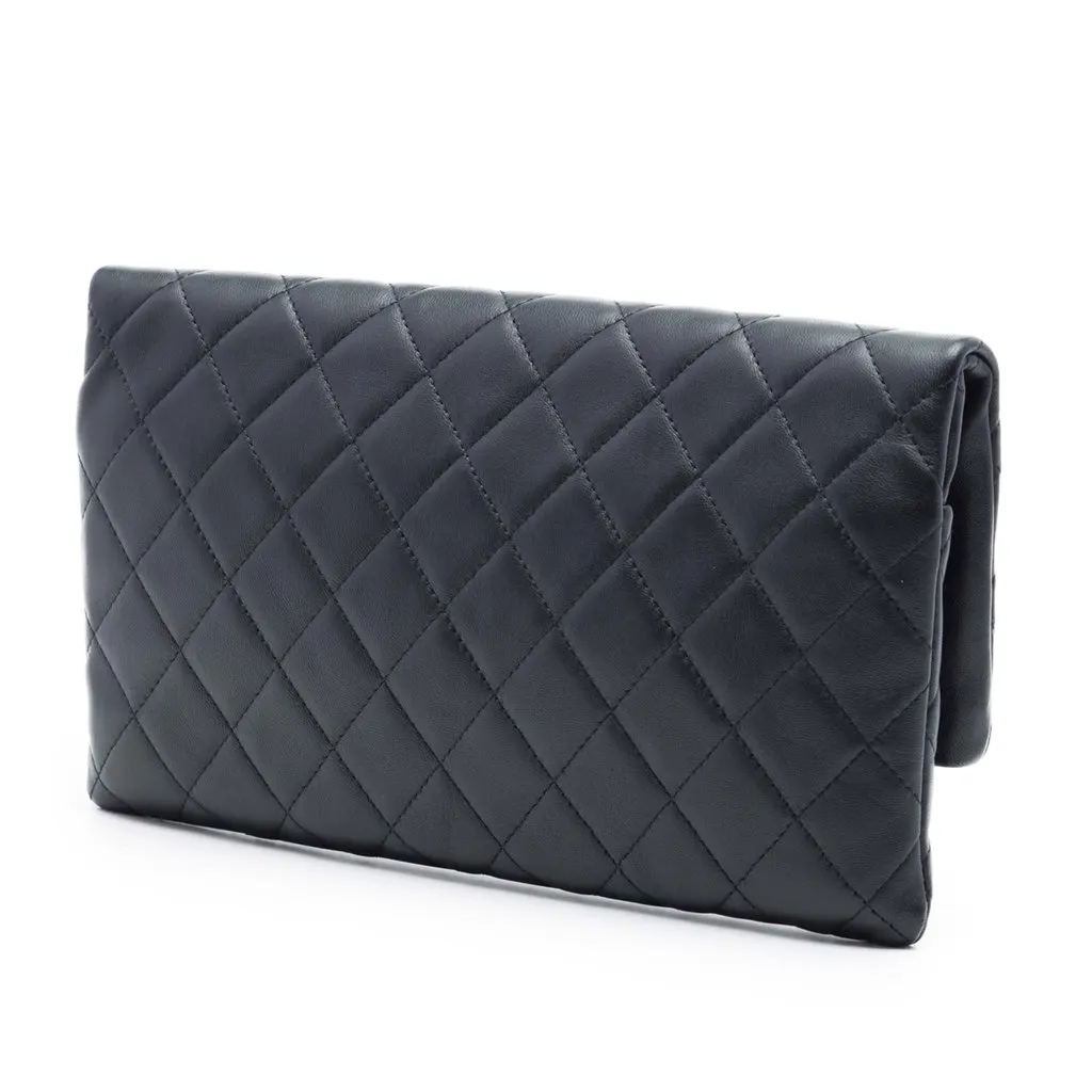 Chanel Quilted Lambskin CC Beauty Foldover Clutch Black Leather Very good - Back View