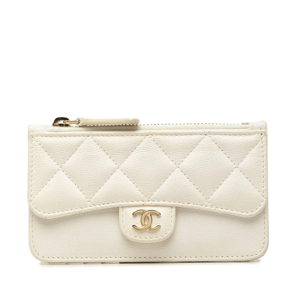 Chanel CC Quilted Caviar Flap Zip Card Holder White Leather Very good - Front View