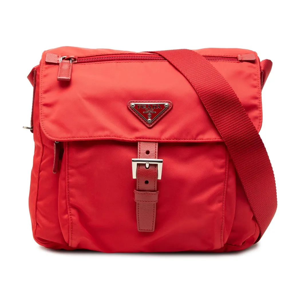Prada Saffiano Trimmed Tessuto Zip Buckle Messenger Bag Red Very good - Front View