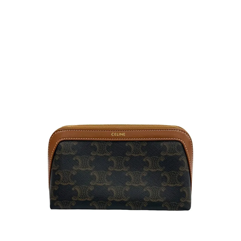 Celine Small Triomphe Coated Canvas and Calfskin Cosmetic Pouch Brown Very good - Front View