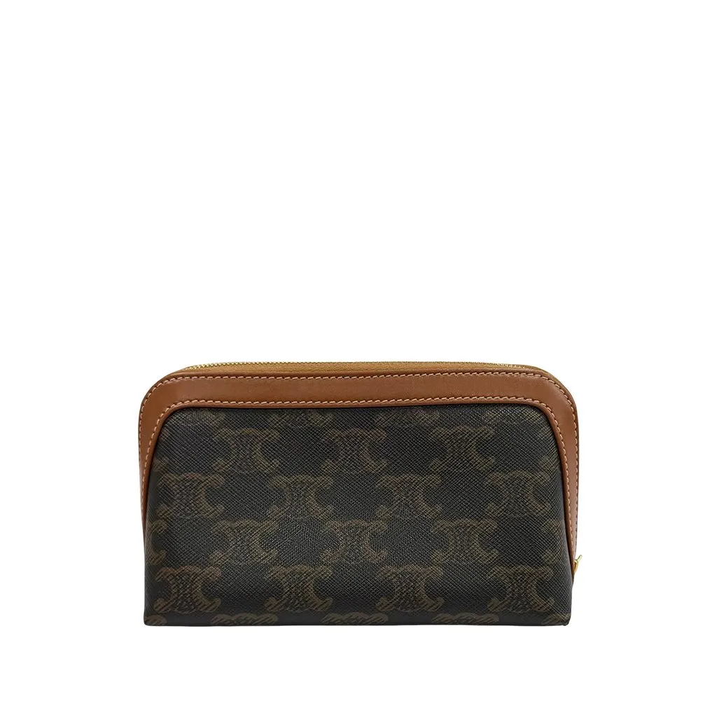 Celine Small Triomphe Coated Canvas and Calfskin Cosmetic Pouch Brown Very good - Back View