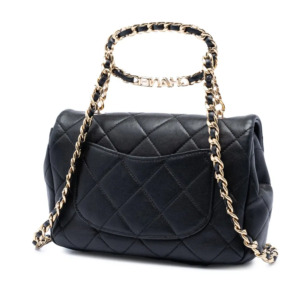 Chanel Small Quilted Lambskin Round Top Handle Flap Black Leather Very good - Back View