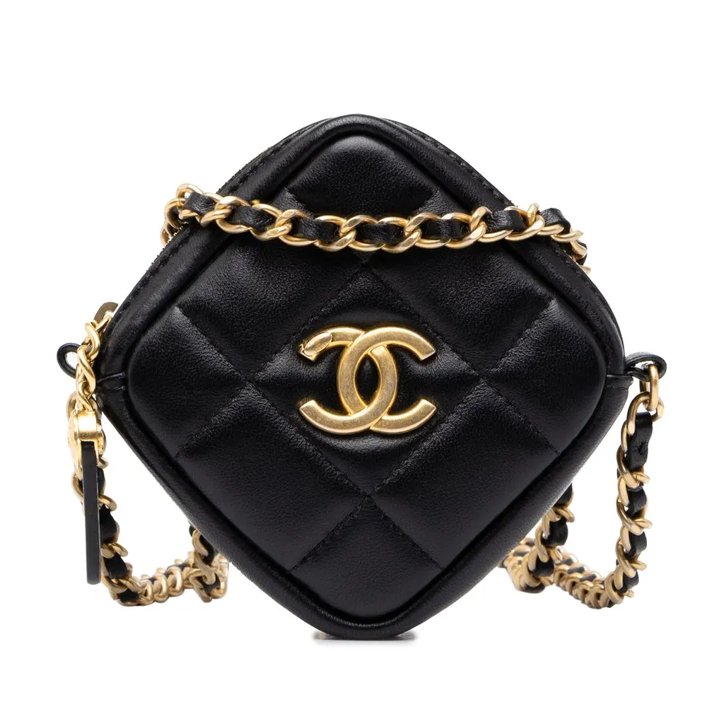Chanel CC Quilted Lambskin Diamond Clutch with Chain Black Leather Good - Front View