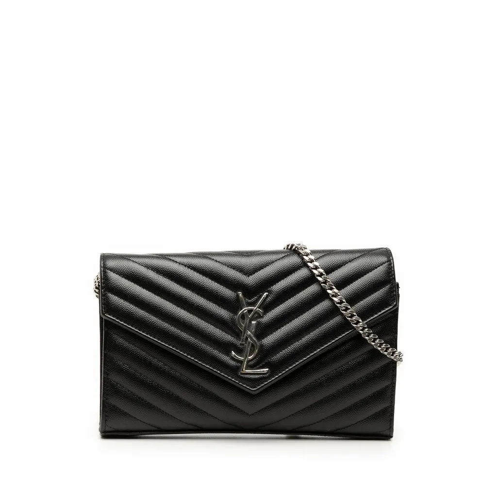 Saint Laurent Grain De Poudre Chevron Monogram Envelope Chain Wallet Black Leather Very good - Front View