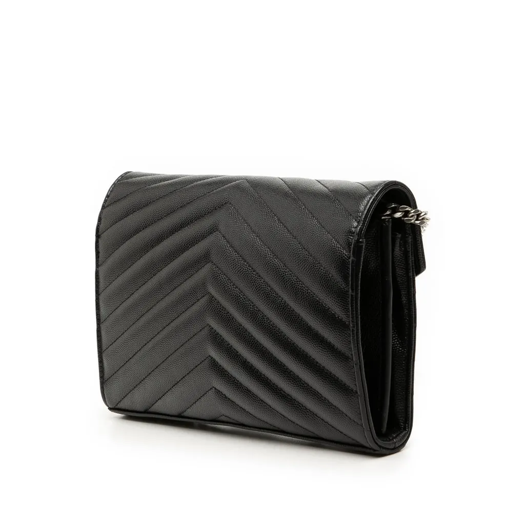 Saint Laurent Grain De Poudre Chevron Monogram Envelope Chain Wallet Black Leather Very good - Back View