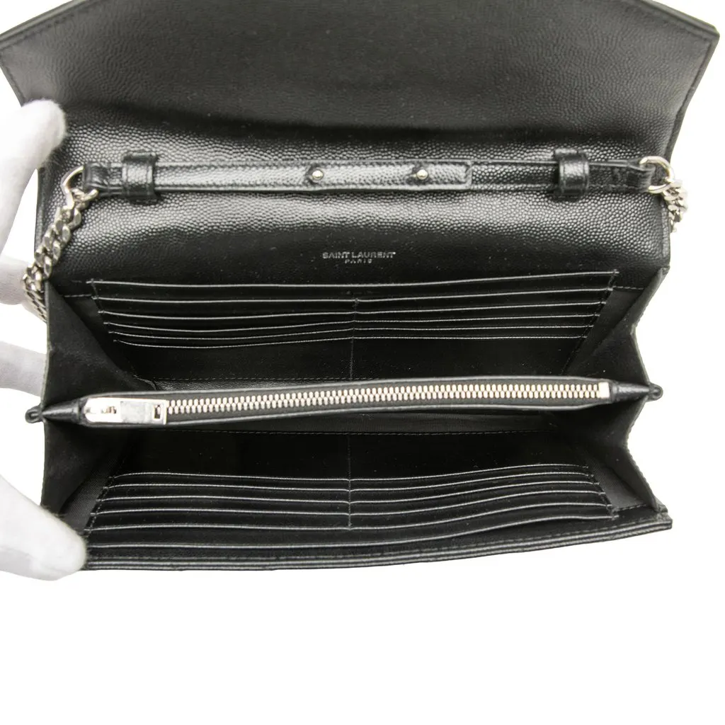 Saint Laurent Grain De Poudre Chevron Monogram Envelope Chain Wallet Black Leather Very good - Model View