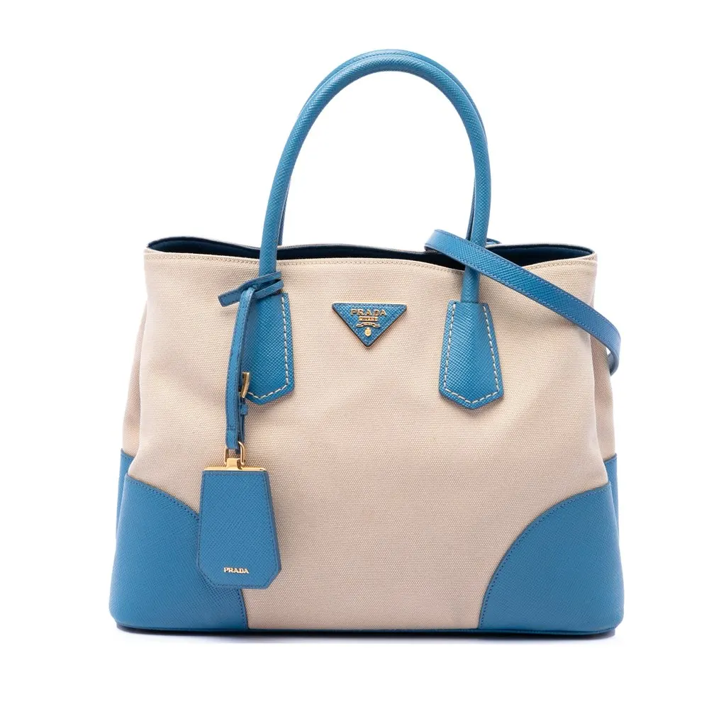 Prada Medium Saffiano Cuir Trimmed Canvas Double Satchel Beige Good - Front View