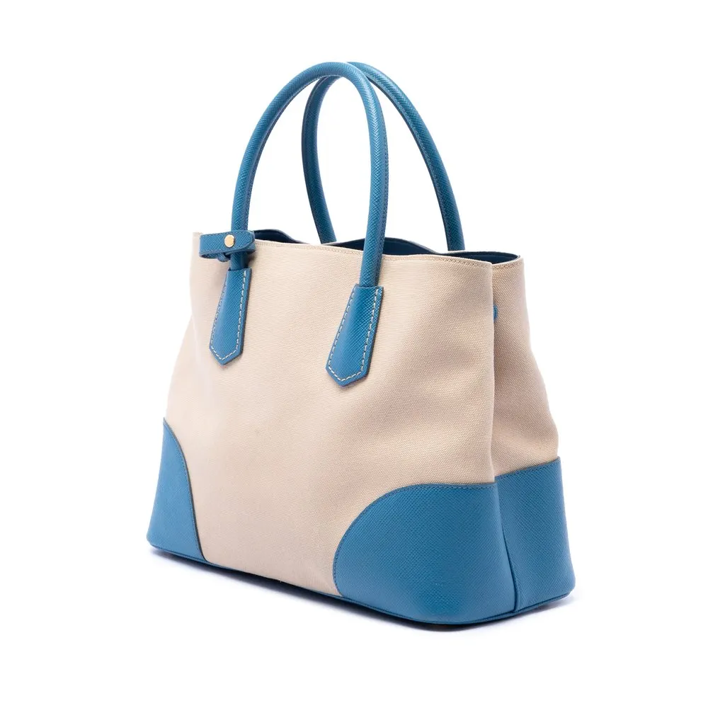 Prada Medium Saffiano Cuir Trimmed Canvas Double Satchel Beige Good - Back View