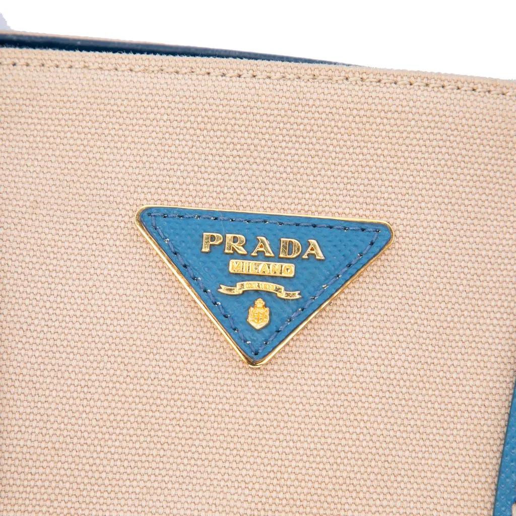 Prada Medium Saffiano Cuir Trimmed Canvas Double Satchel Beige Good - Box View