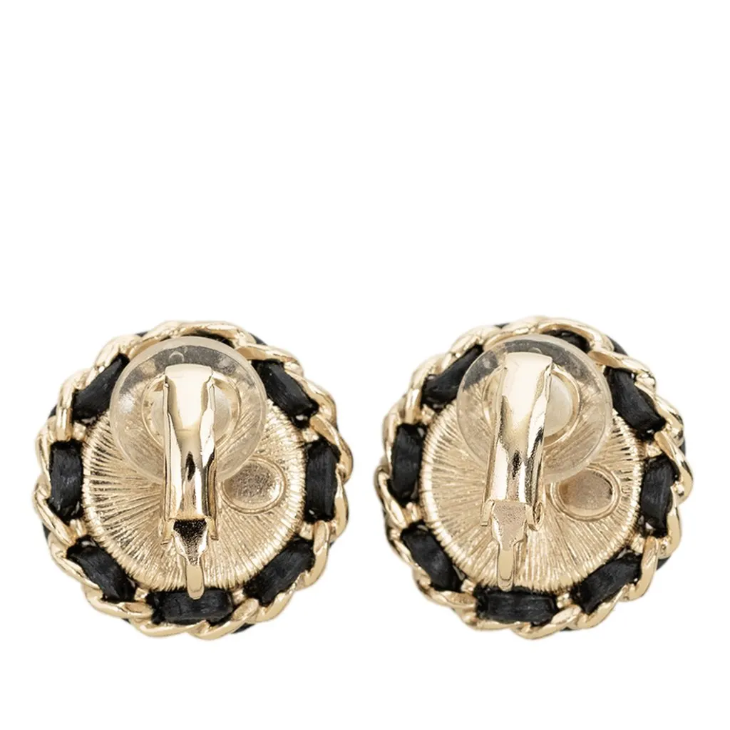 Chanel CC Gold Plated Leather Woven Strass and Faux Pearl Round Clip On Earrings Gold Metal Very good - Back View