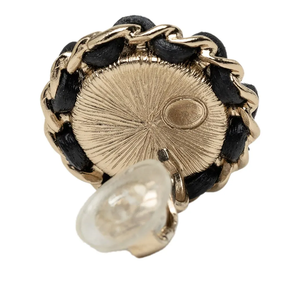 Chanel CC Gold Plated Leather Woven Strass and Faux Pearl Round Clip On Earrings Gold Metal Very good - Inside View