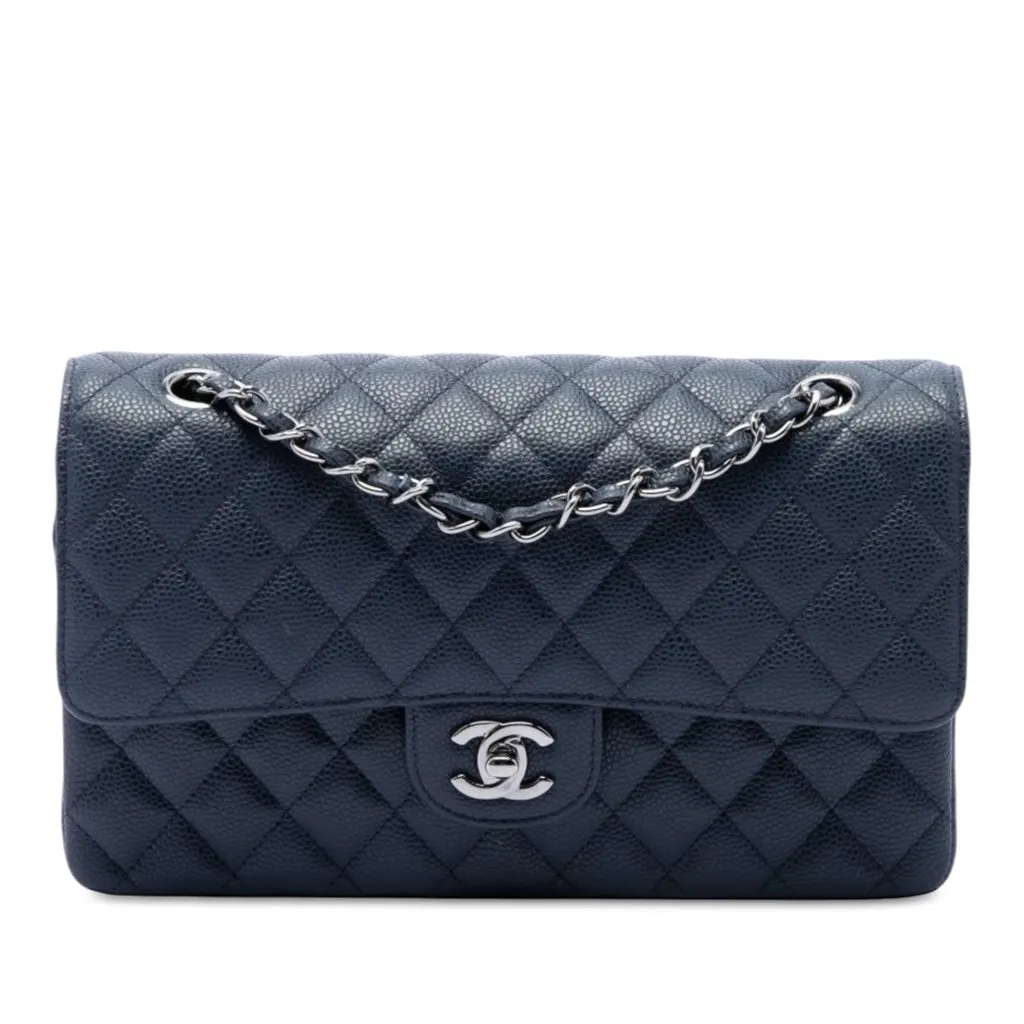 Chanel Medium Classic Caviar Double Flap Blue Leather Very good - Front View