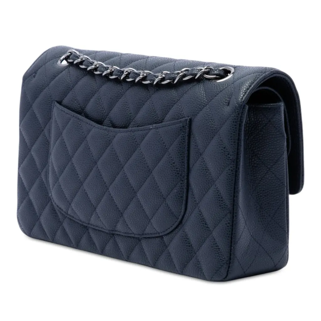 Chanel Medium Classic Caviar Double Flap Blue Leather Very good - Back View
