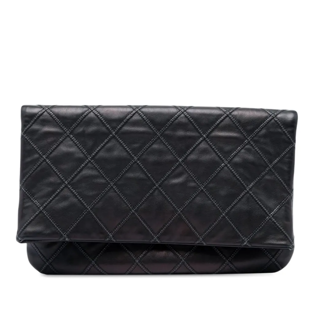 Chanel Quilted Lambskin Thin City Foldover Clutch Black Leather Very good - Front View