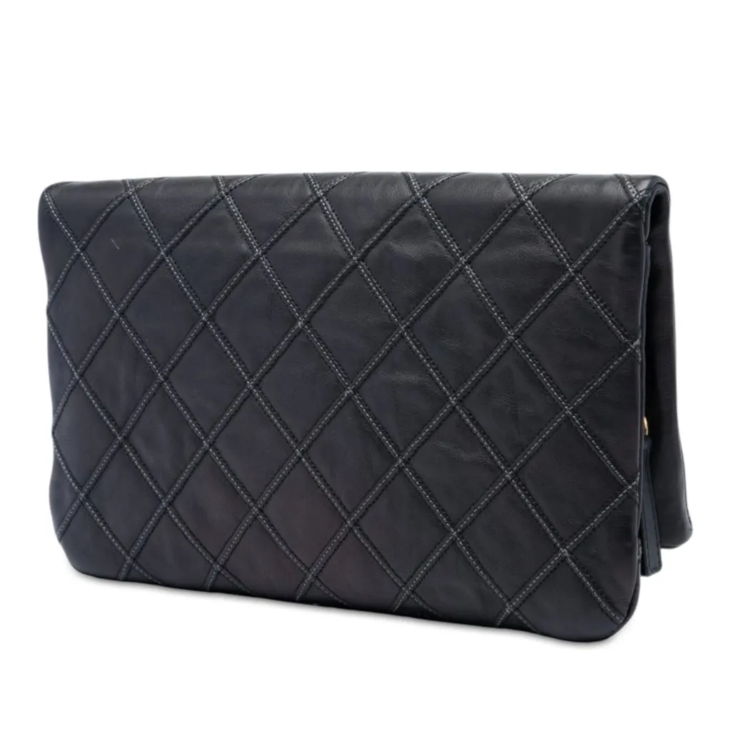 Chanel Quilted Lambskin Thin City Foldover Clutch Black Leather Very good - Back View