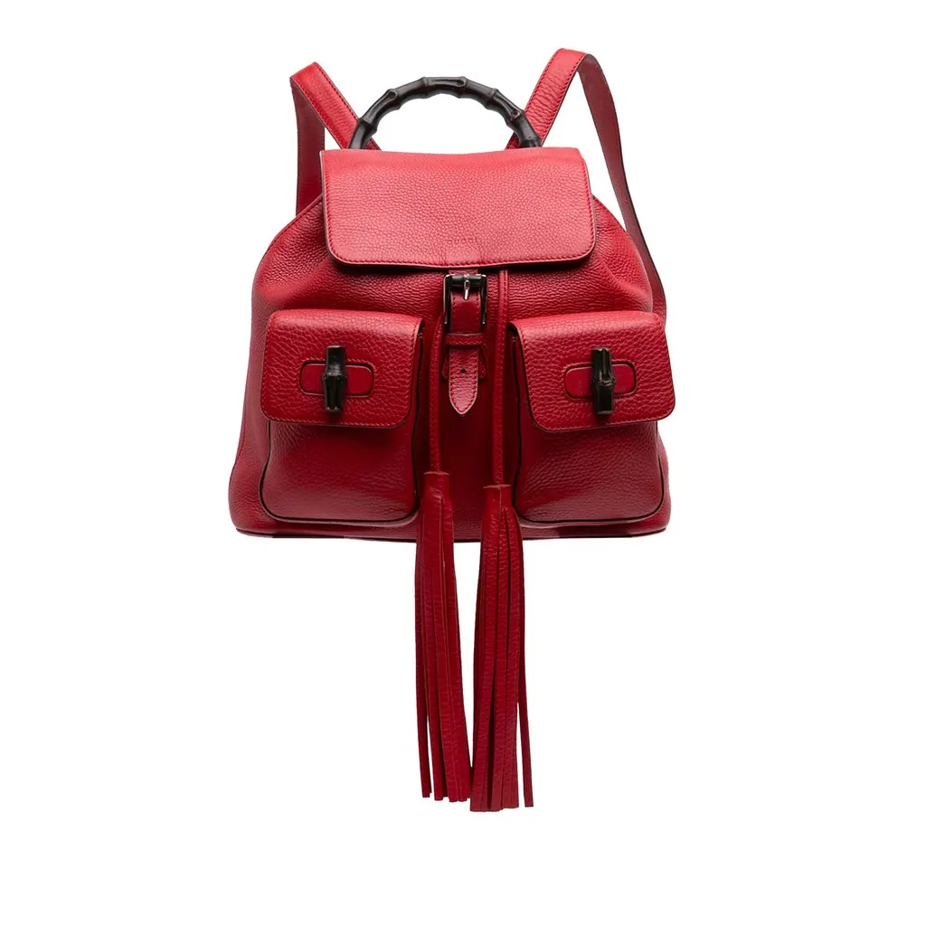 Gucci Calfskin Bamboo Tassel Drawstring Backpack Red Leather Very good - Front View