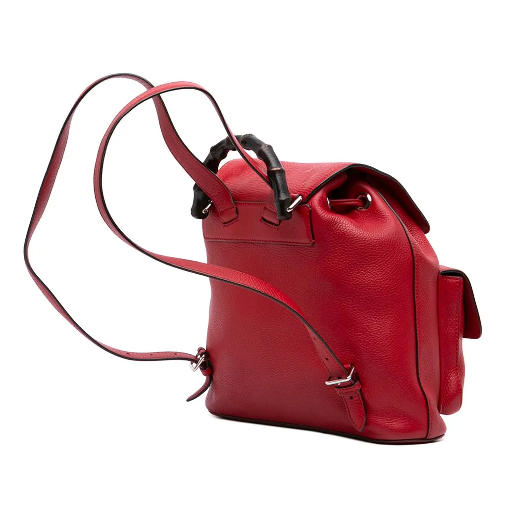 Gucci Calfskin Bamboo Tassel Drawstring Backpack Red Leather Very good - Back View
