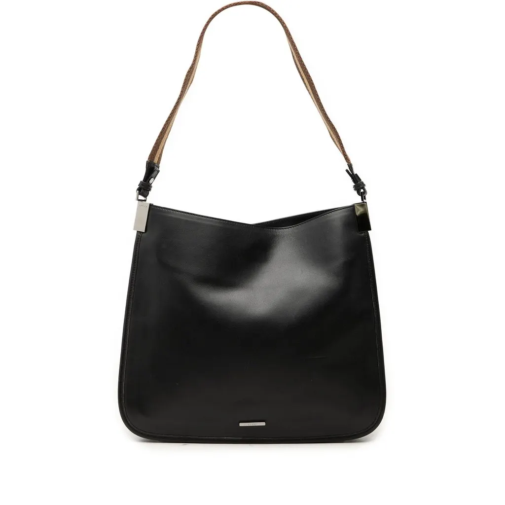 Gucci Calfskin Web Shoulder Bag Black Leather Very good - Front View