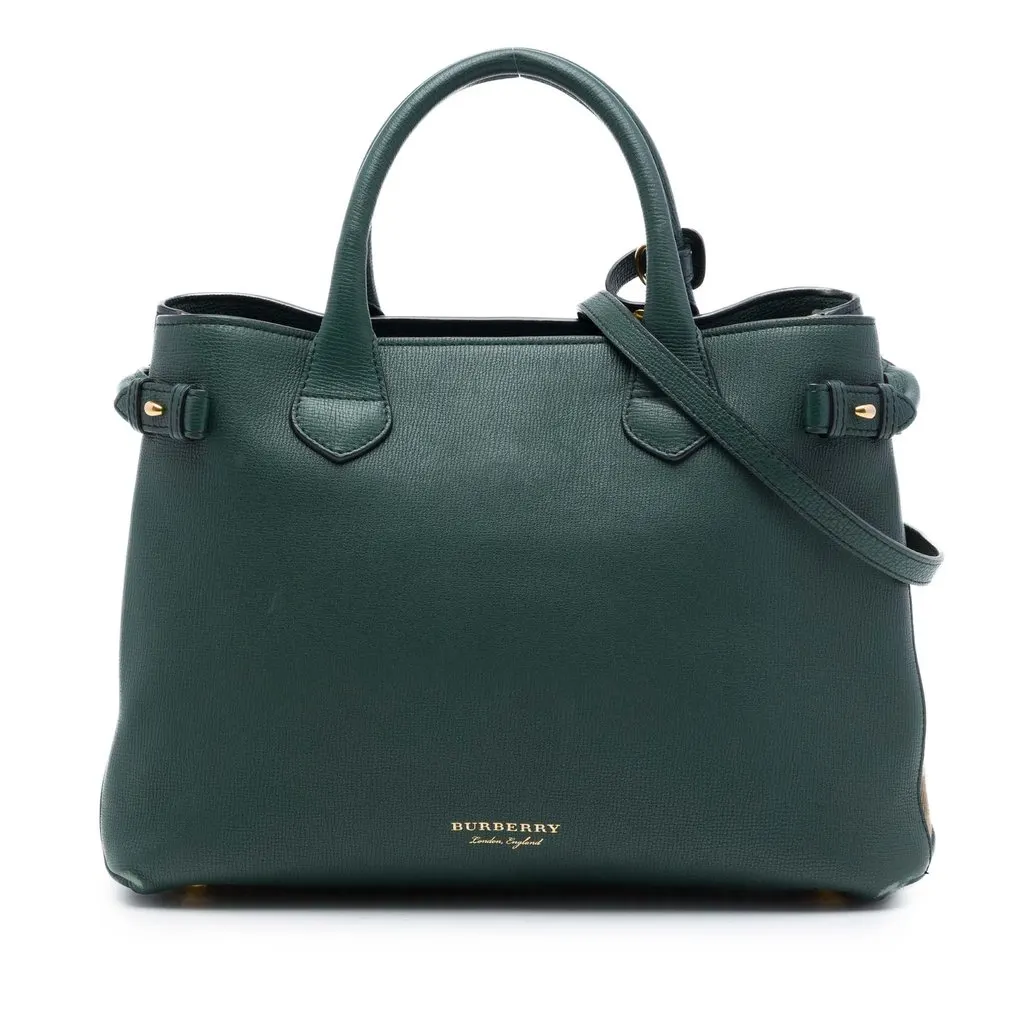 Burberry Medium Leather and House Check Banner Satchel Green Leather Very good - Front View